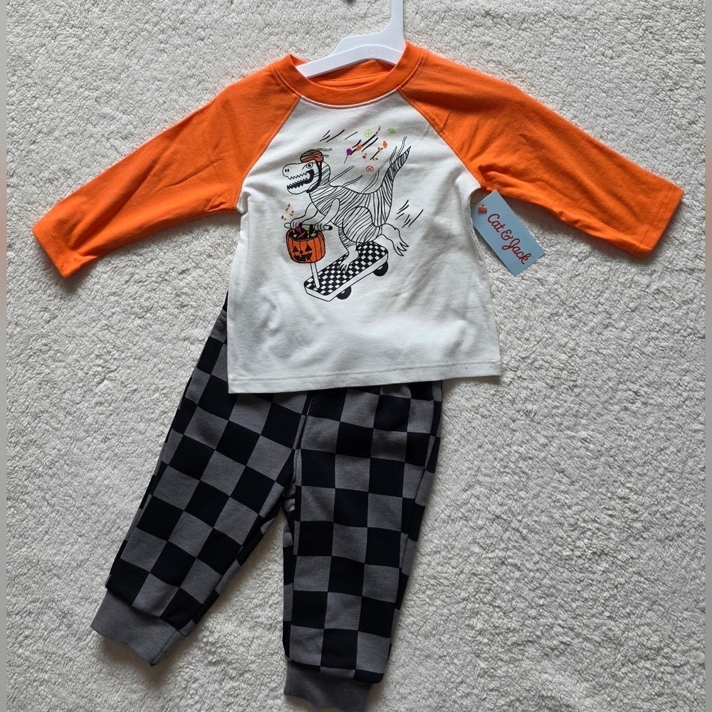Toddler Boy's 12m & 3t Halloween Dino Top & Fleece Jogger Pants outfit Set NWT